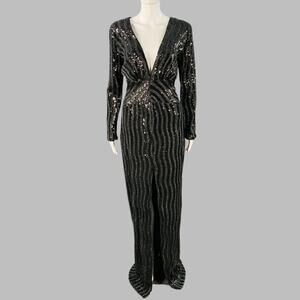 JOHN RICHMOND Size M Black Silver Polyester Sequined V-Neck Evening Gown